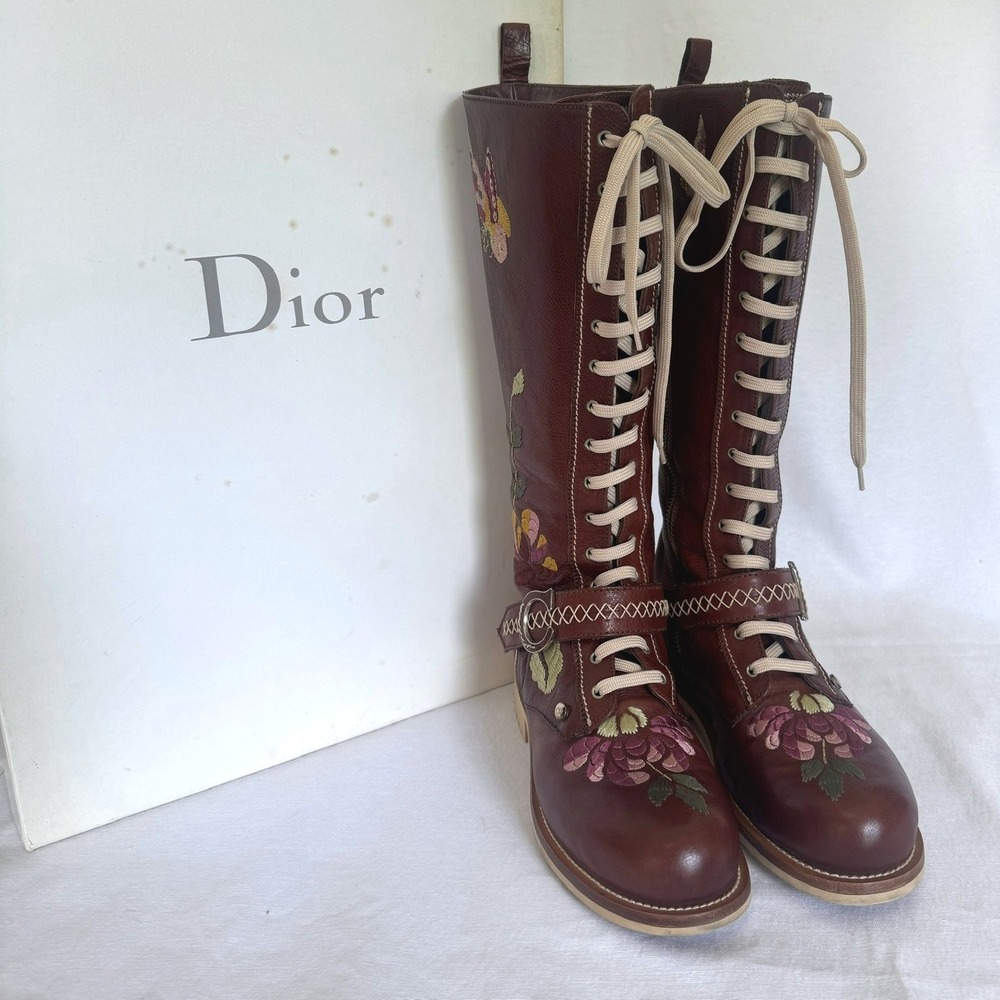 Vintage Christian Dior John Galliano 2005 Embroidered Knee High Lace Up Boots 37
